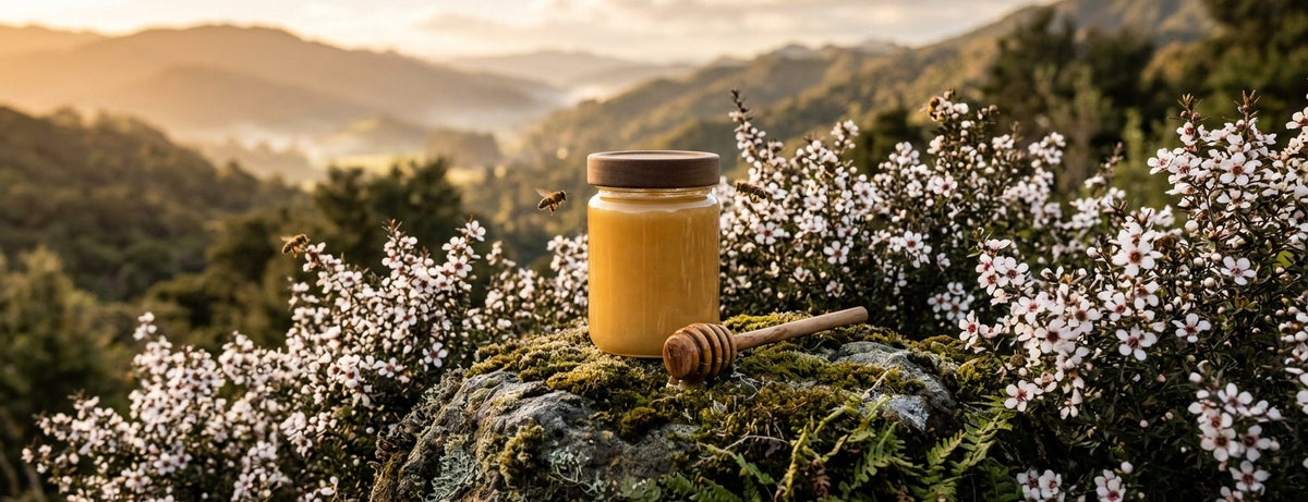 Un tarro de miel de Manuka dorada y una cuchara de madera para miel sobre una roca cubierta de musgo, entre arbustos de Manuka en flor en las colinas de Nueva Zelanda